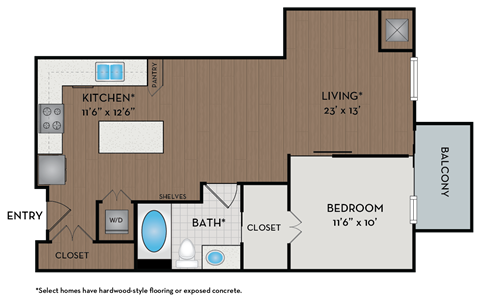 Floor plan for 1 bed, 1 bath, 747 sqft
